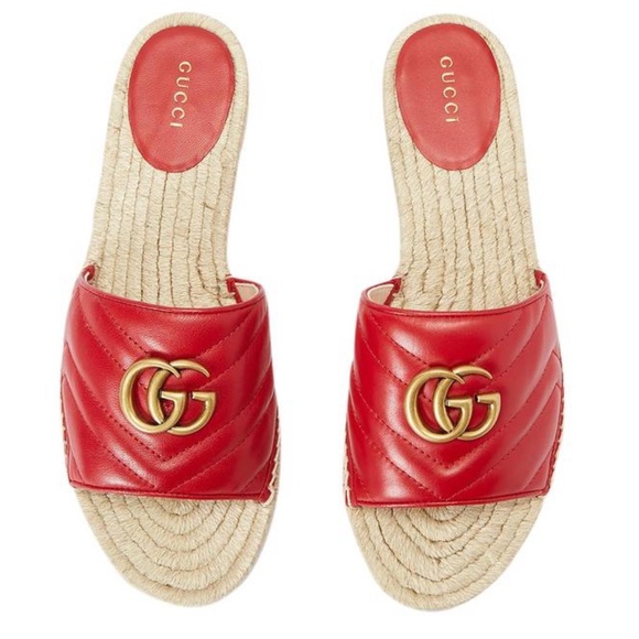 Gucci: GG Marmont Sandals Pilar Leather Espadrille Double Logo Sliders - Picture 13 of 15